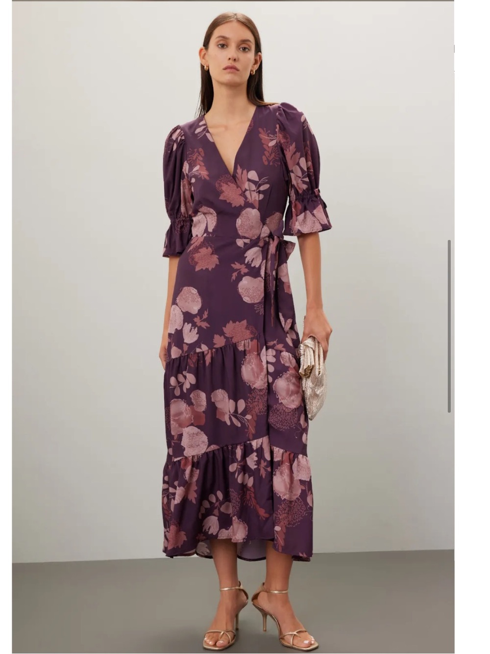 Slate & Willow Purple Floral Midi Wrap Dress, Size: L